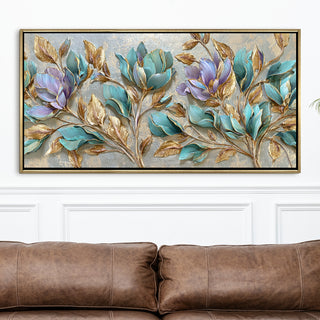 Teal Petals & Gold Leaves Wall Art – Golden Floater Frame, HD Canvas Print, Ready to Hang, Size: 2x4 feet (FLBWA75)