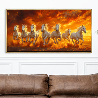 Seven Running Horses Wall Painting – Symbol of Prosperity, Success & Positive Energy | Premium Vastu Artwork for Home & Office Decor | Luxury Golden Floating  Frame HD Canvas Print ( 24 Inch x 48 Inch ) (VAWA47).