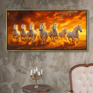 Seven Running Horses Wall Painting – Symbol of Prosperity, Success & Positive Energy | Premium Vastu Artwork for Home & Office Decor | Luxury Golden Floating  Frame HD Canvas Print ( 24 Inch x 48 Inch ) (VAWA47).