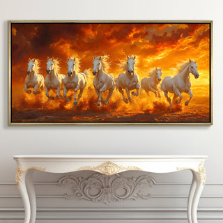 Seven Running Horses Wall Painting – Symbol of Prosperity, Success & Positive Energy | Premium Vastu Artwork for Home & Office Decor | Luxury Golden Floating  Frame HD Canvas Print ( 24 Inch x 48 Inch ) (VAWA47).