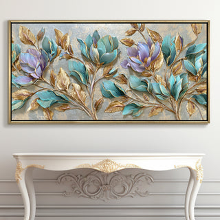 Teal Petals & Gold Leaves Wall Art – Golden Floater Frame, HD Canvas Print, Ready to Hang, Size: 2x4 feet (FLBWA75)