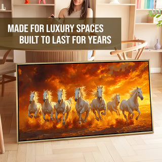 Seven Running Horses Wall Painting – Symbol of Prosperity, Success & Positive Energy | Premium Vastu Artwork for Home & Office Decor | Luxury Golden Floating  Frame HD Canvas Print ( 24 Inch x 48 Inch ) (VAWA47).