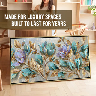 Teal Petals & Gold Leaves Wall Art – Golden Floater Frame, HD Canvas Print, Ready to Hang, Size: 2x4 feet (FLBWA75)