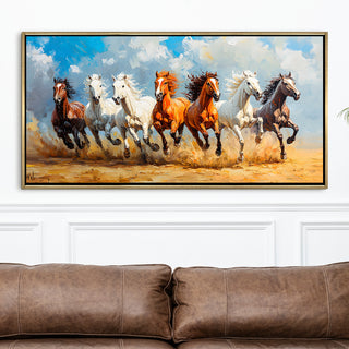Seven Running Horses Wall Painting – Symbol of Prosperity, Success & Positive Energy | Premium Vastu Artwork for Home & Office Decor | Luxury Golden Floating  Frame HD Canvas Print ( 24 Inch x 48 Inch ) (VAWA48).