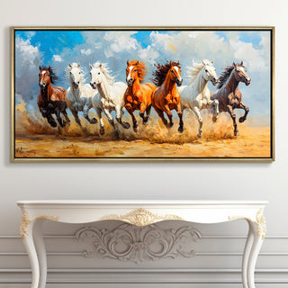 Seven Running Horses Wall Painting – Symbol of Prosperity, Success & Positive Energy | Premium Vastu Artwork for Home & Office Decor | Luxury Golden Floating  Frame HD Canvas Print ( 24 Inch x 48 Inch ) (VAWA48).