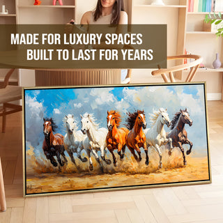 Seven Running Horses Wall Painting – Symbol of Prosperity, Success & Positive Energy | Premium Vastu Artwork for Home & Office Decor | Luxury Golden Floating  Frame HD Canvas Print ( 24 Inch x 48 Inch ) (VAWA48).