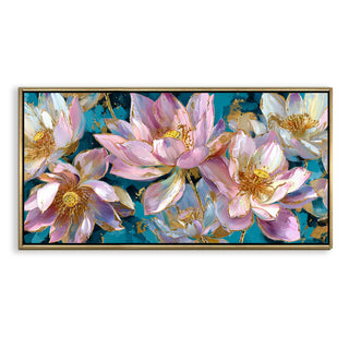 Golden Lotus Garden– Luxury Floral Wall Art – Golden Floater Frame, HD Canvas Print, Ready to Hang, Size: 2x4 feet (FLBWA77)