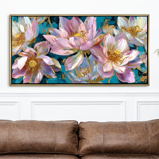Golden Lotus Garden– Luxury Floral Wall Art – Golden Floater Frame, HD Canvas Print, Ready to Hang, Size: 2x4 feet (FLBWA77)