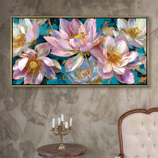 Golden Lotus Garden– Luxury Floral Wall Art – Golden Floater Frame, HD Canvas Print, Ready to Hang, Size: 2x4 feet (FLBWA77)