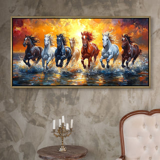 Seven Running Horses Wall Painting – Symbol of Prosperity, Success & Positive Energy | Premium Vastu Artwork for Home & Office Decor | Luxury Golden Floating  Frame HD Canvas Print ( 24 Inch x 48 Inch ) (VAWA49).