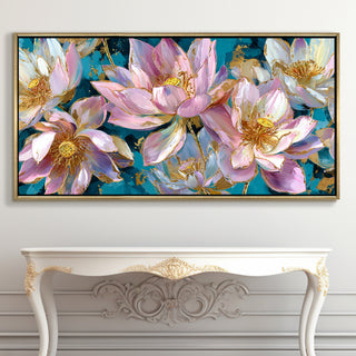 Golden Lotus Garden– Luxury Floral Wall Art – Golden Floater Frame, HD Canvas Print, Ready to Hang, Size: 2x4 feet (FLBWA77)