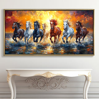 Seven Running Horses Wall Painting – Symbol of Prosperity, Success & Positive Energy | Premium Vastu Artwork for Home & Office Decor | Luxury Golden Floating  Frame HD Canvas Print ( 24 Inch x 48 Inch ) (VAWA49).