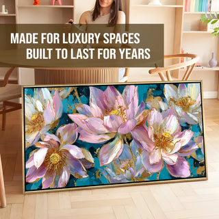 Golden Lotus Garden– Luxury Floral Wall Art – Golden Floater Frame, HD Canvas Print, Ready to Hang, Size: 2x4 feet (FLBWA77)
