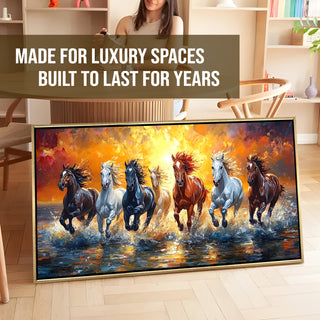 Seven Running Horses Wall Painting – Symbol of Prosperity, Success & Positive Energy | Premium Vastu Artwork for Home & Office Decor | Luxury Golden Floating  Frame HD Canvas Print ( 24 Inch x 48 Inch ) (VAWA49).