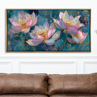Blush Lotus Elegance – Luxury Floral Wall Art – Golden Floater Frame, HD Canvas Print, Ready to Hang, Size: 2x4 feet (FLBWA78)