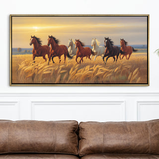 Seven Running Horses Wall Painting – Symbol of Prosperity, Success & Positive Energy | Premium Vastu Artwork for Home & Office Decor | Luxury Golden Floating  Frame HD Canvas Print ( 24 Inch x 48 Inch ) (VAWA50).