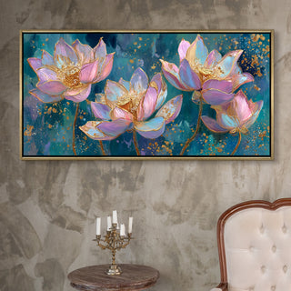 Blush Lotus Elegance – Luxury Floral Wall Art – Golden Floater Frame, HD Canvas Print, Ready to Hang, Size: 2x4 feet (FLBWA78)