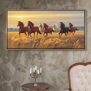 Seven Running Horses Wall Painting – Symbol of Prosperity, Success & Positive Energy | Premium Vastu Artwork for Home & Office Decor | Luxury Golden Floating  Frame HD Canvas Print ( 24 Inch x 48 Inch ) (VAWA50).