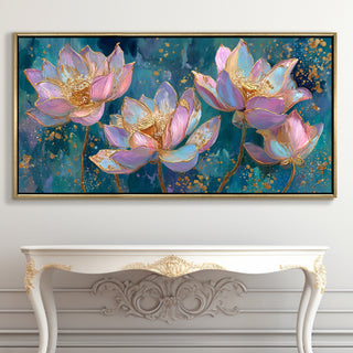 Blush Lotus Elegance – Luxury Floral Wall Art – Golden Floater Frame, HD Canvas Print, Ready to Hang, Size: 2x4 feet (FLBWA78)