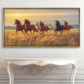 Seven Running Horses Wall Painting – Symbol of Prosperity, Success & Positive Energy | Premium Vastu Artwork for Home & Office Decor | Luxury Golden Floating  Frame HD Canvas Print ( 24 Inch x 48 Inch ) (VAWA50).