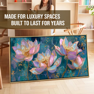 Blush Lotus Elegance – Luxury Floral Wall Art – Golden Floater Frame, HD Canvas Print, Ready to Hang, Size: 2x4 feet (FLBWA78)