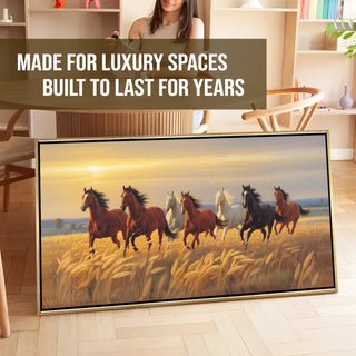 Seven Running Horses Wall Painting – Symbol of Prosperity, Success & Positive Energy | Premium Vastu Artwork for Home & Office Decor | Luxury Golden Floating  Frame HD Canvas Print ( 24 Inch x 48 Inch ) (VAWA50).