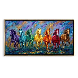 Seven Running Horses Wall Painting – Symbol of Prosperity, Success & Positive Energy | Premium Vastu Artwork for Home & Office Decor | Luxury Golden Floating  Frame HD Canvas Print ( 24 Inch x 48 Inch ) (VAWA51).