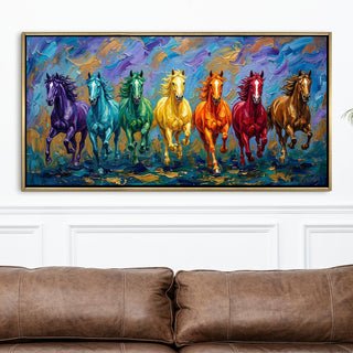 Seven Running Horses Wall Painting – Symbol of Prosperity, Success & Positive Energy | Premium Vastu Artwork for Home & Office Decor | Luxury Golden Floating  Frame HD Canvas Print ( 24 Inch x 48 Inch ) (VAWA51).