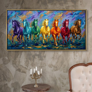 Seven Running Horses Wall Painting – Symbol of Prosperity, Success & Positive Energy | Premium Vastu Artwork for Home & Office Decor | Luxury Golden Floating  Frame HD Canvas Print ( 24 Inch x 48 Inch ) (VAWA51).