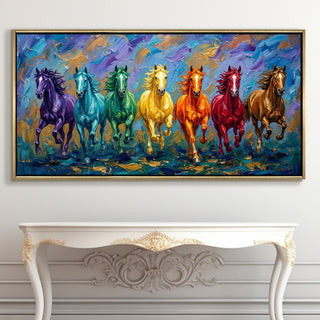 Seven Running Horses Wall Painting – Symbol of Prosperity, Success & Positive Energy | Premium Vastu Artwork for Home & Office Decor | Luxury Golden Floating  Frame HD Canvas Print ( 24 Inch x 48 Inch ) (VAWA51).