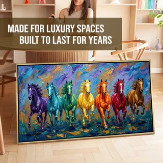 Seven Running Horses Wall Painting – Symbol of Prosperity, Success & Positive Energy | Premium Vastu Artwork for Home & Office Decor | Luxury Golden Floating  Frame HD Canvas Print ( 24 Inch x 48 Inch ) (VAWA51).