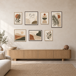 Earth & Line seven-piece neutral botanical gallery wall above a light wood console