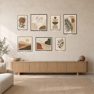 Size guide for the Earth & Line seven-piece box-framed canvas set