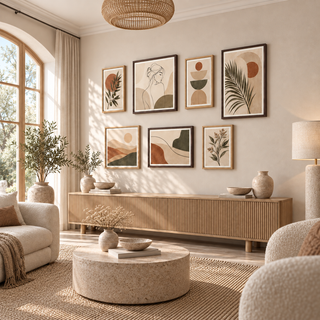 Earth-toned seven-piece gallery wall in natural and dark-brown box frames