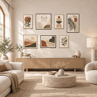 Neutral botanical and abstract canvas prints styled in a warm minimal living room