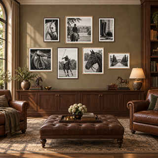 The Equestrian Study seven-piece horse and polo gallery wall above a walnut cabinet