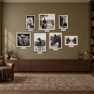 Size guide for The Equestrian Study seven-piece box-framed canvas set