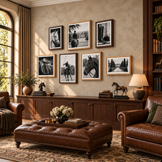 Monochrome equestrian canvas prints styled in a warm library with leather seating