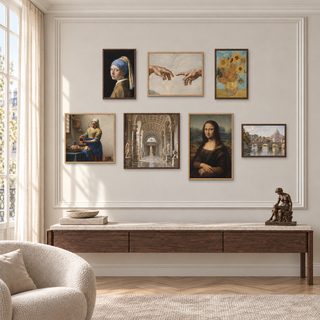 Seven-piece European masterworks gallery wall set in mixed brown box frames above a wood console
