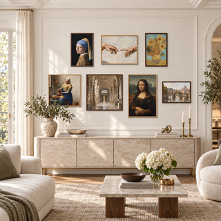 The Grand Masters seven-piece box-framed canvas set styled in a bright cream living room