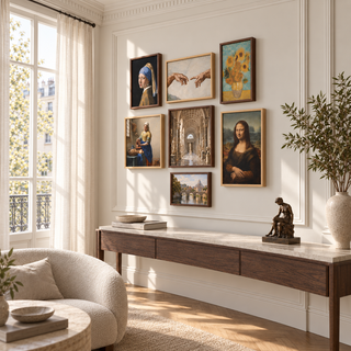 Seven-piece European masterworks gallery wall displayed beside a marble-topped console