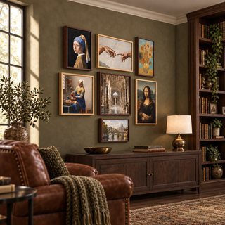 The Grand Masters box-framed canvas collection styled on a deep olive library wall