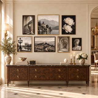 The Grand Tour seven-piece European gallery wall in mixed brown box frames above a classic wood console
