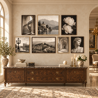 European travel and architecture canvas prints styled in a warm classical living room