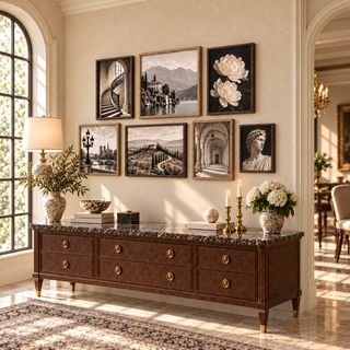 Angled room view of the seven-piece European travel gallery wall