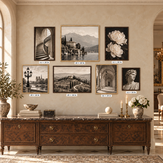 Size guide for The Grand Tour seven-piece box-framed canvas set