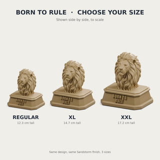 Born to Rule (Lion Head) desk trophy, Regular, XL and XXL sizes compared