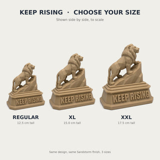 Keep Rising (Lion) desk trophy, Regular, XL and XXL sizes compared