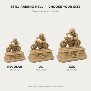 Still Raising Hell (Biker) desk trophy, Regular, XL and XXL sizes compared