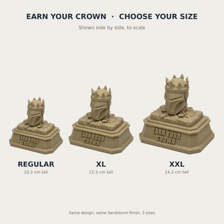 Earn Your Crown (Knight) desk trophy, Regular, XL and XXL sizes compared
